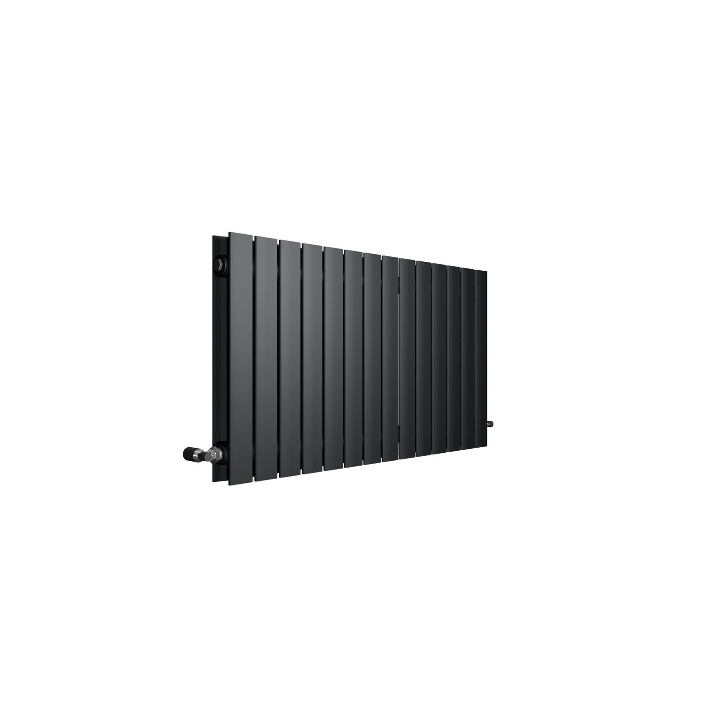 Anthracite flat panel horizontal designer radiator with vertical panels and mounting brackets.