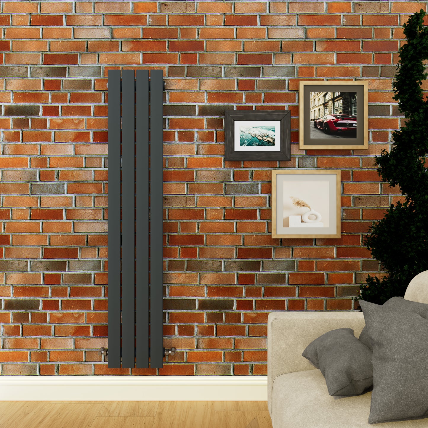 Black radiator on a brick wall