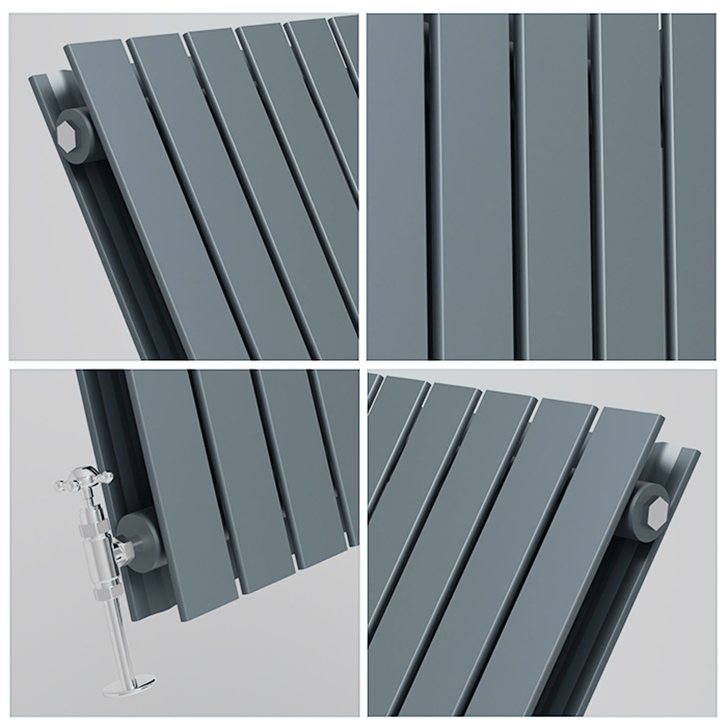 Collage of a gray horizontal radiator with close-up details on a light gray background