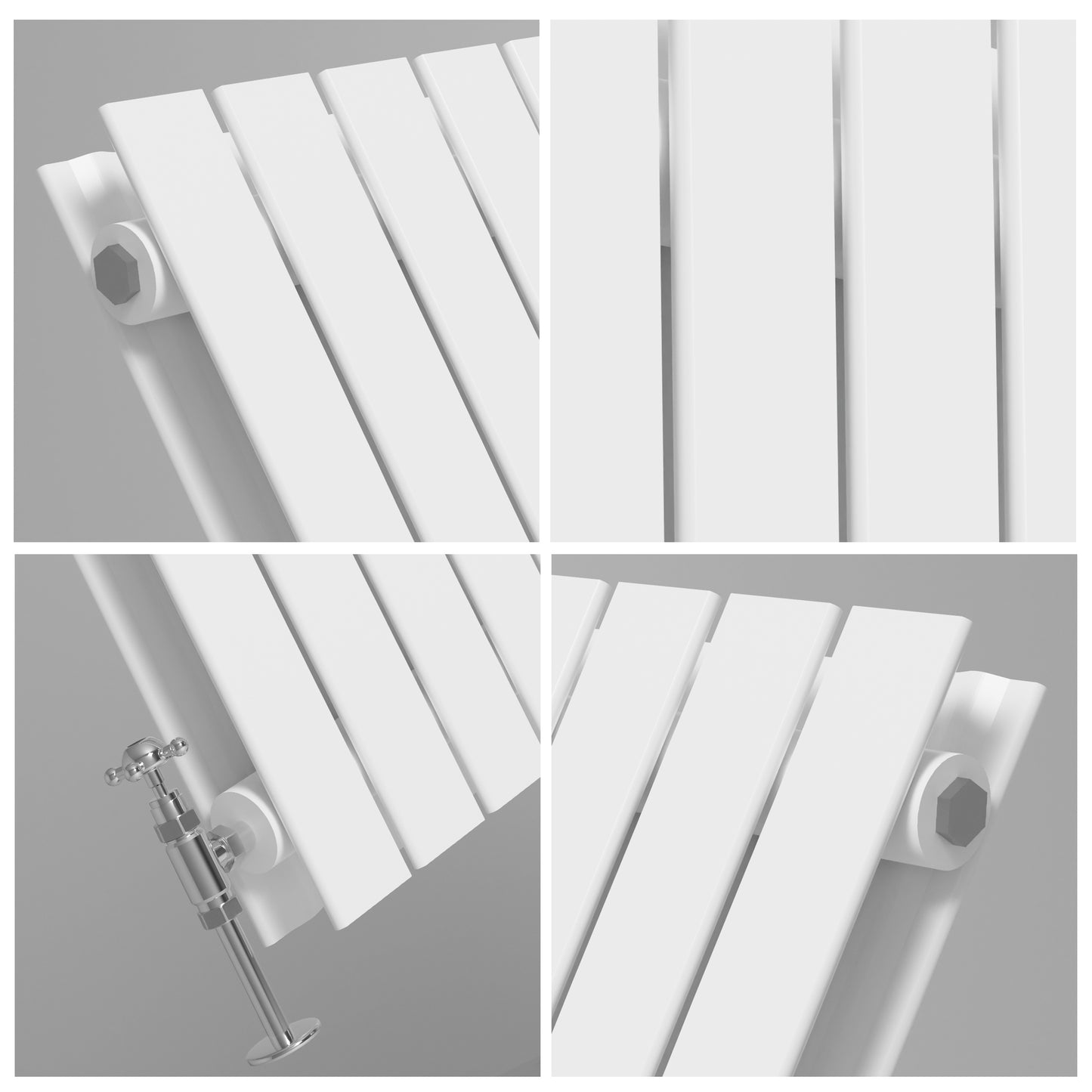 Collage of a white radiator with different angles and attachments on a gray background