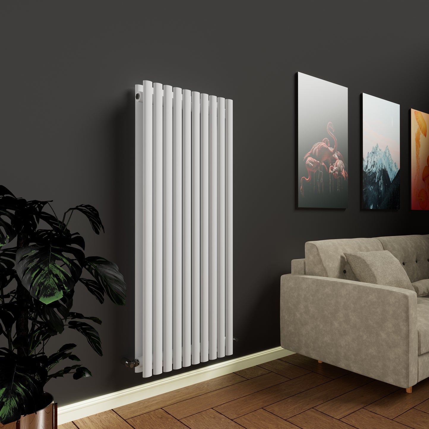 White radiator on a dark wall with a gray sofa and decorative plants in a room.