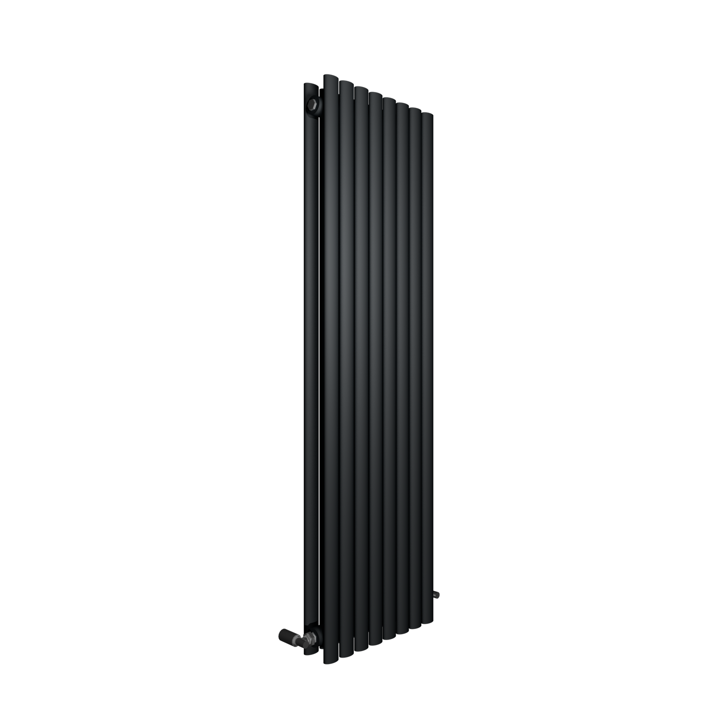 Anthracite vertical oval panel designer radiator with horizontal panels, suitable for mounting on a wall.