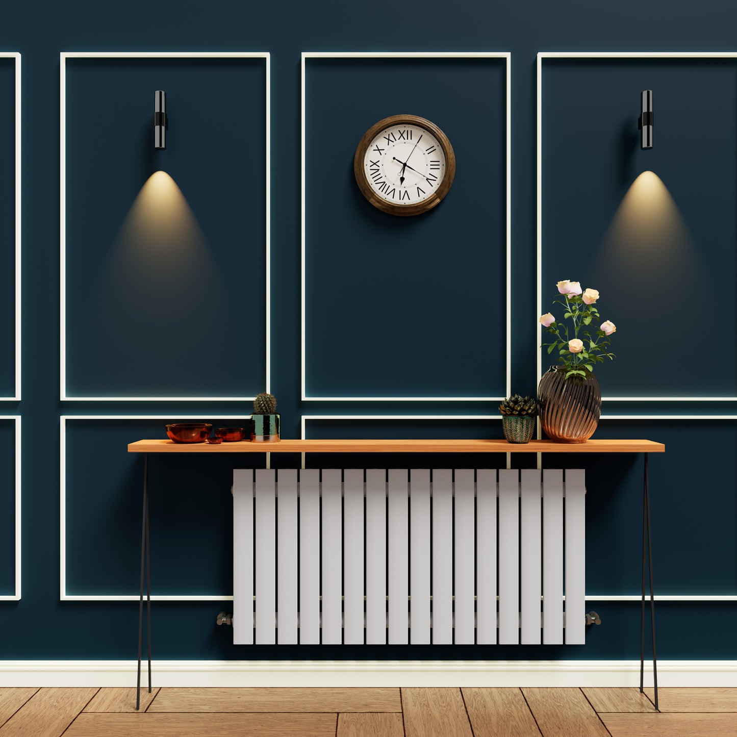 H600mm x W1428mm Double Flat Panel White Horizontal Designer Radiator
