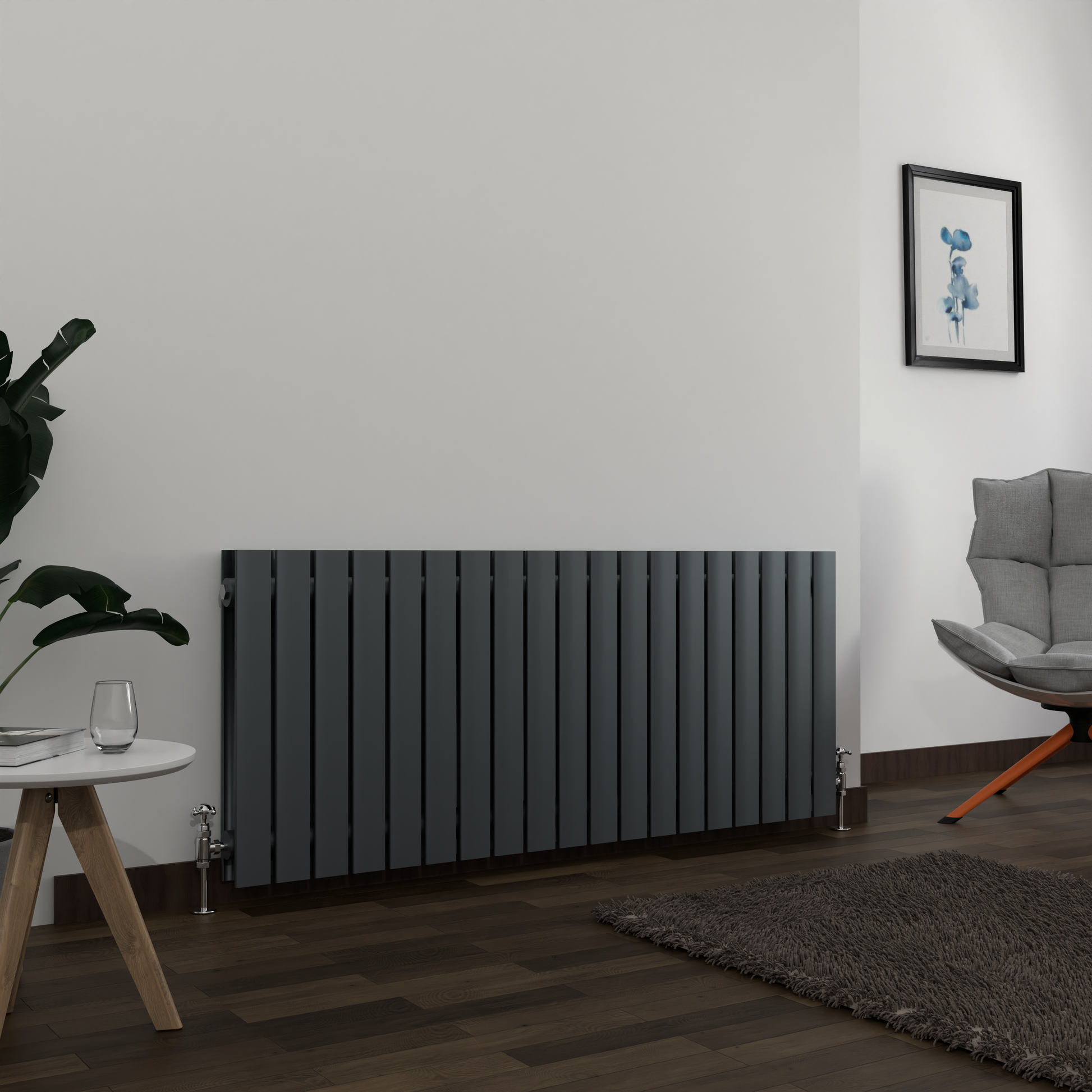 Modern radiator in a living room setting with a sofa and table.

