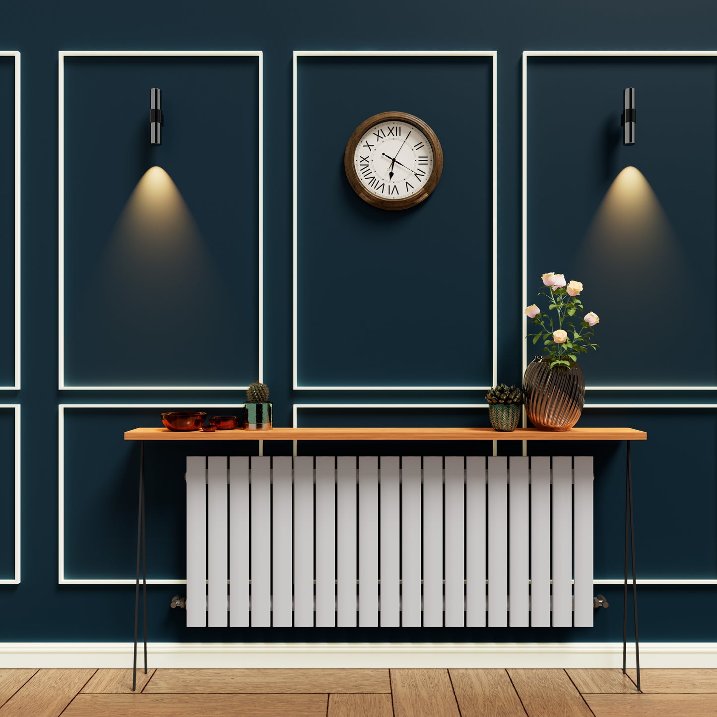H600mm x W1428mm Double Flat Panel White Horizontal Designer Radiator