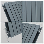 Collage of a gray horizontal radiator with close-up details on a light gray background

