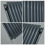 Collage of a dark gray radiator from different angles on a gray background

