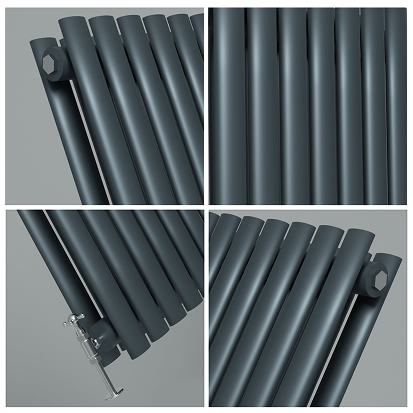 Collage of a dark gray radiator from different angles on a gray background

