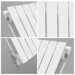 Collage of a white radiator with different angles and attachments on a gray background

