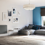 Modern living room with a gray sofa, decorative pillows, and a wall-mounted radiator.