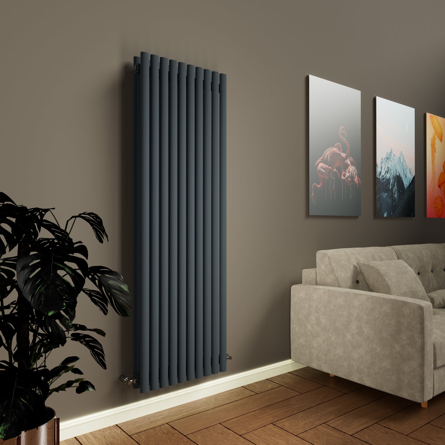 H1600mm x W472mm Double Oval Panel Anthracite Vertical Designer Radiator