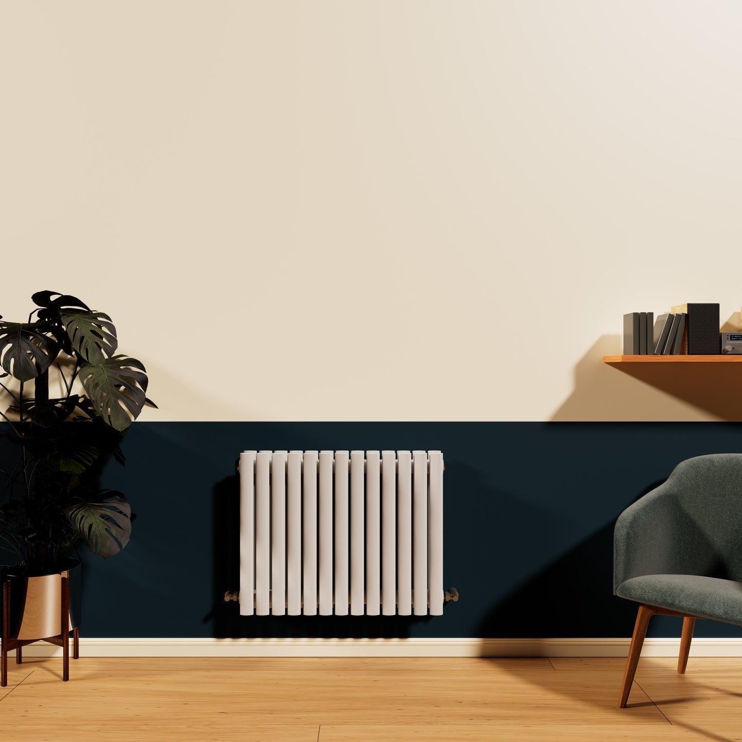 H600mm x W1416mm Double Oval Panel White Horizontal Designer Radiator