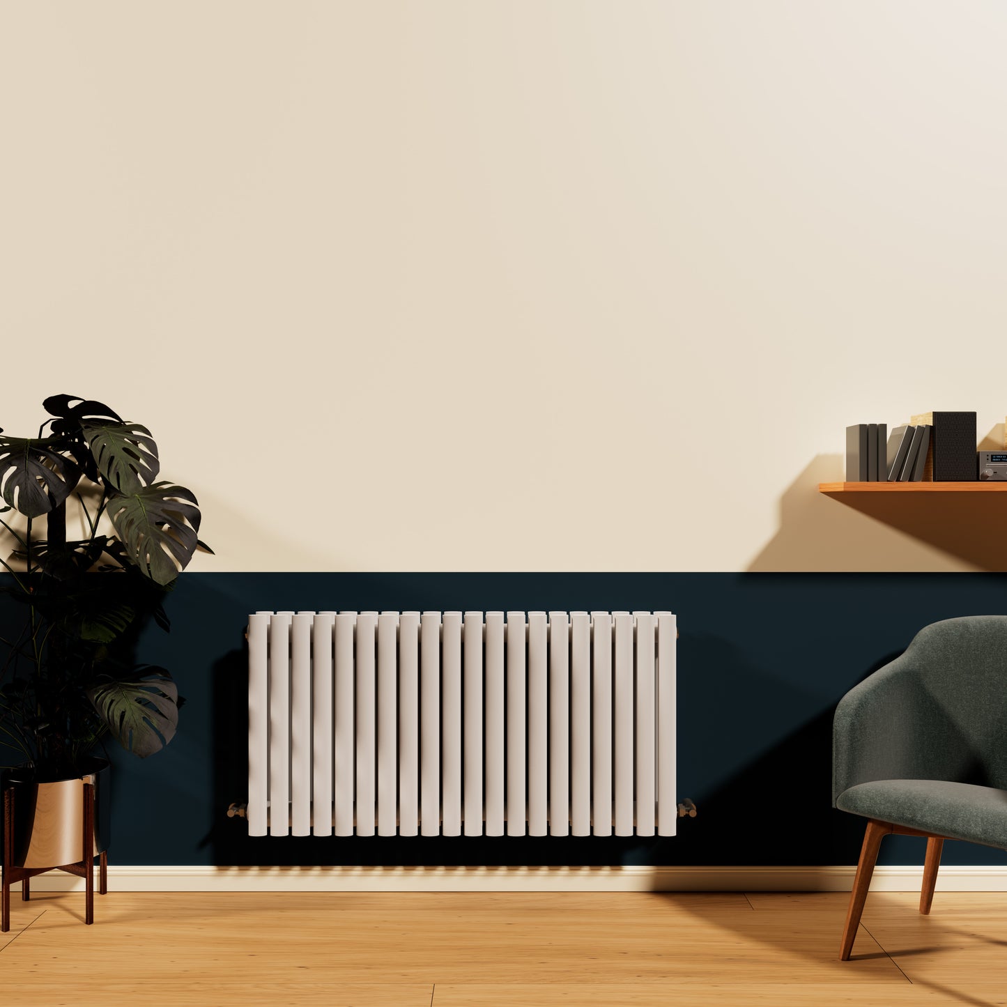 H600mm x W1416mm Double Oval Panel White Horizontal Designer Radiator