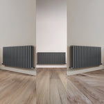 Three views of a dark gray radiator against a light wall with wooden flooring.
