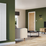 White radiator on a green wall in a living room with a TV and wooden cabinet.