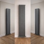 Three views of a tall, narrow gray radiator against a plain wall.