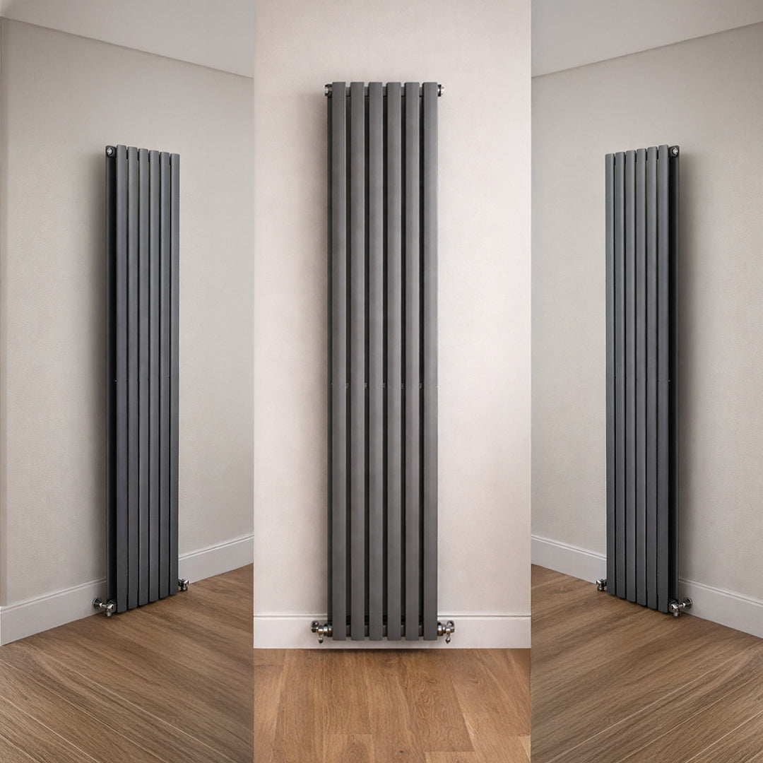 Three views of a tall, narrow gray radiator against a plain wall.