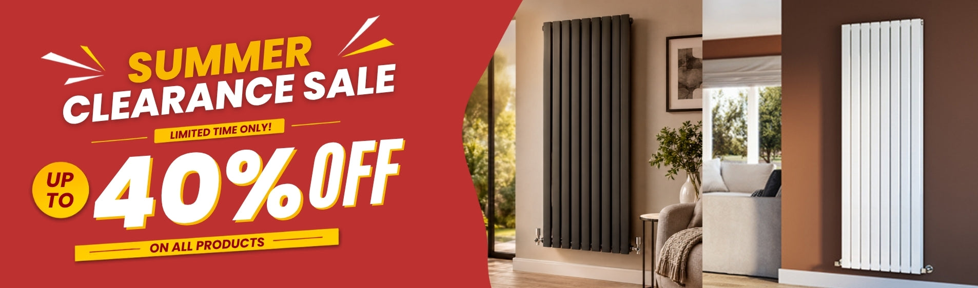 Summer clearance sale advertisement with two radiator images in a room setting.